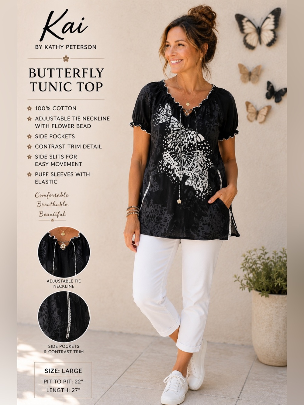 Kai by Kathy Peterson Butterfly Print Cotton Tunic Top | Black White | L Relaxed